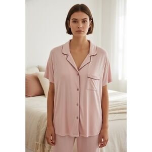 Shimera Pink Modal Button Down Pajama Top Short Sleeve Contrast Piping XL NEW